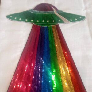 New Iron On Sequined LARGE 14inch Rainbow UFO Applique